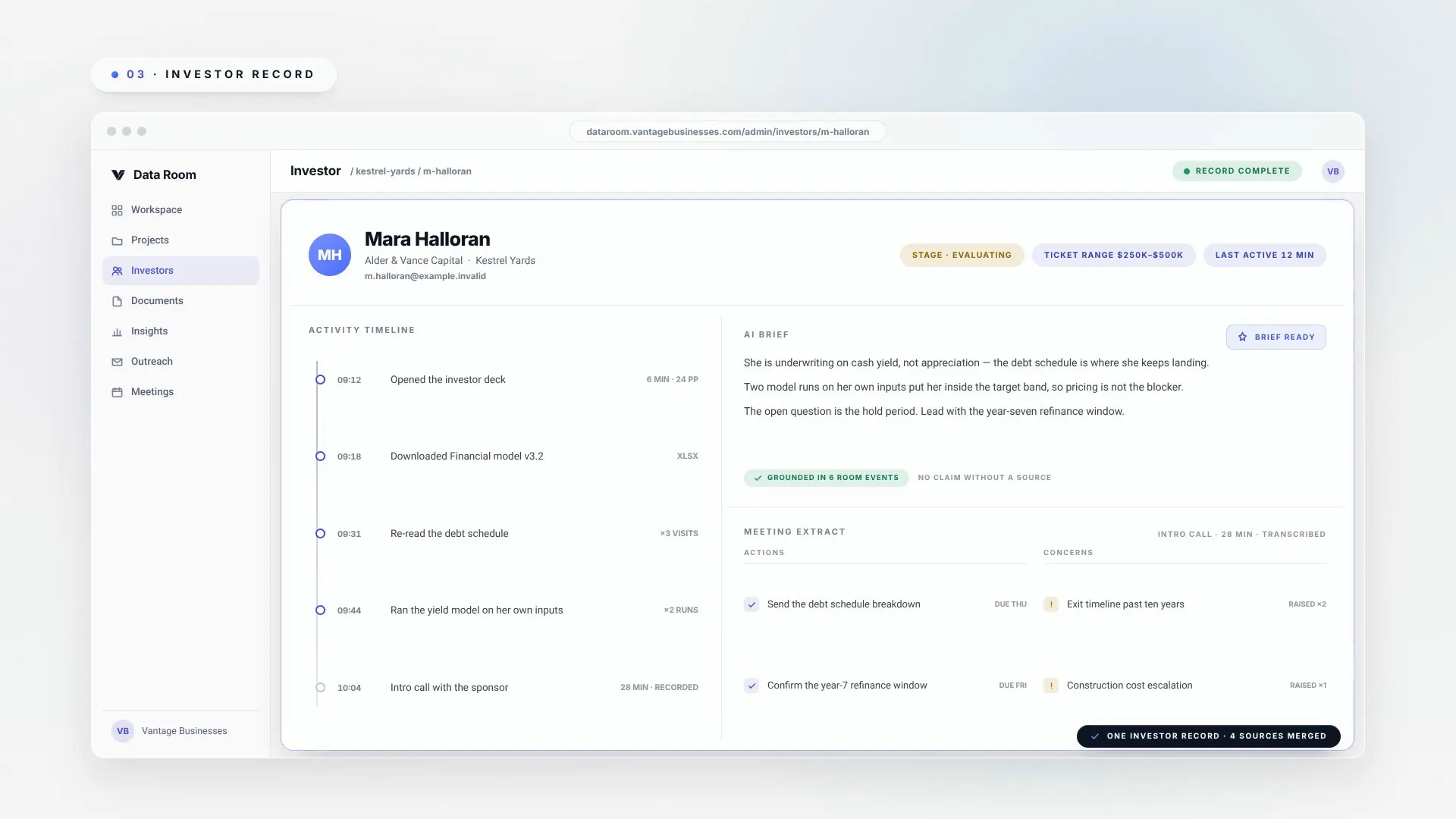 A prospect record assembling activity, meeting extracts, and an AI brief.